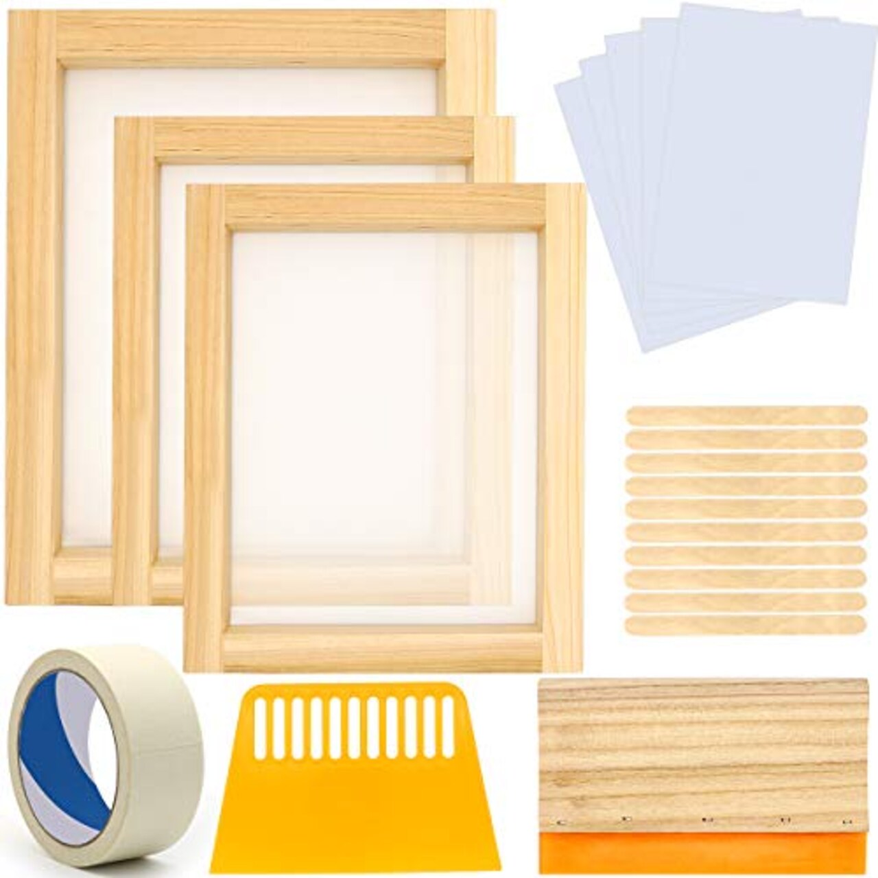 21 Pieces Screen Printing Starter Kit, 10 x 14 Inch Wood Silk Screen Printing Frame White Mesh Squeegees Inkjet Transparency Film and Mask Tape
